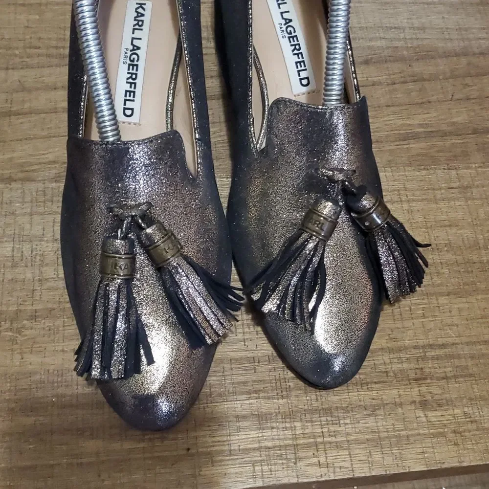 Karl Lagerfeld Mae Chunky Heel Bronze Gold Sparkly Tassel Shoes Sz 6M Euro Chic